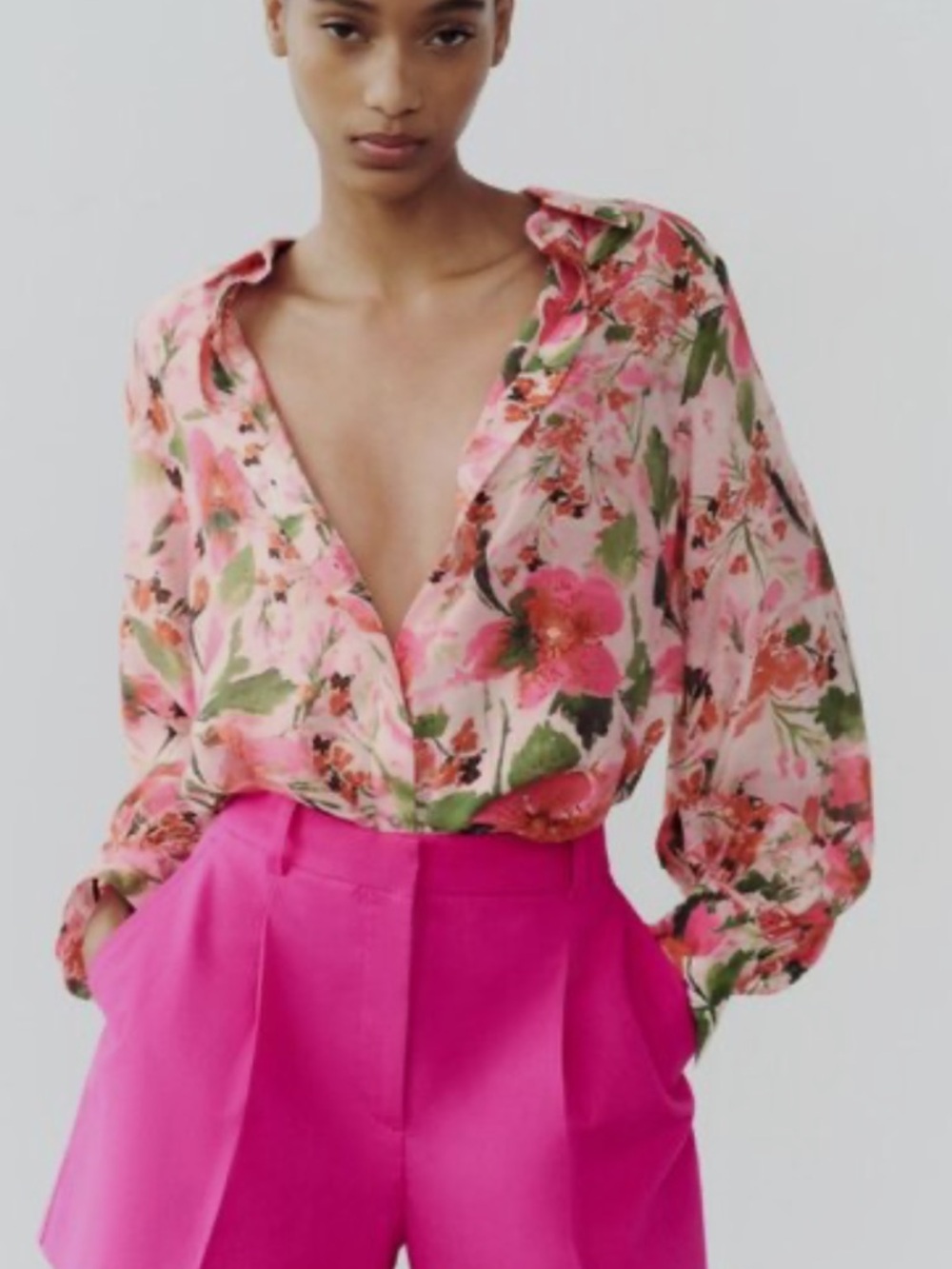 NWOT Zara Vibrant pink and green floral button up top